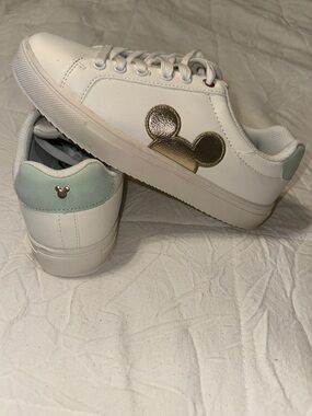 Disney White Sneakers with Gold Eyelets and Mint Tongue